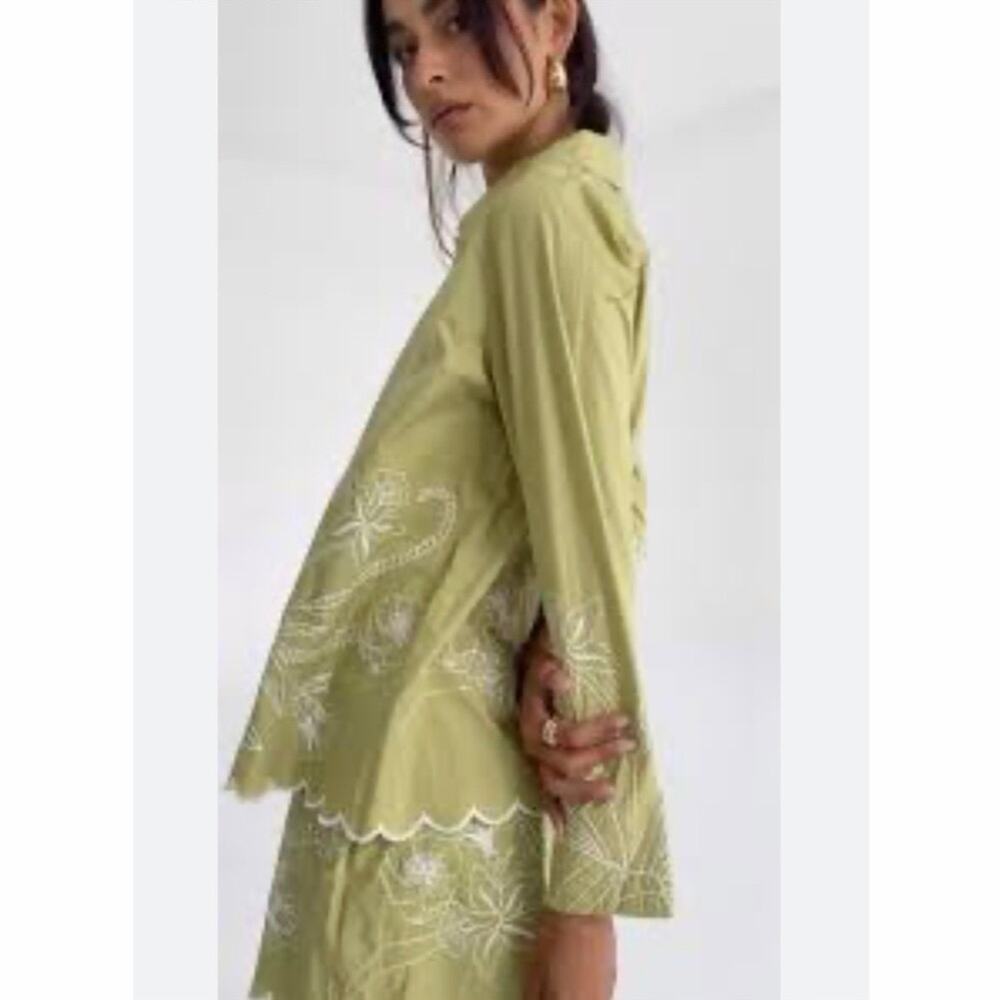 NWOT Rue Stiic S Embroidered Cotton Button Front Blouse Olive Green Scalloped